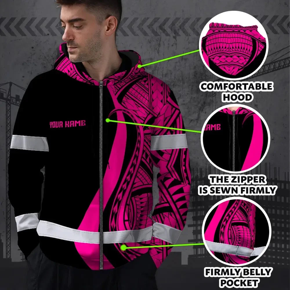 Hi Vis Zip Hoodie Reflective Tapes Pink Neon Hawaii Custom Name Safety Workwear For Workers, Truckers, Operators