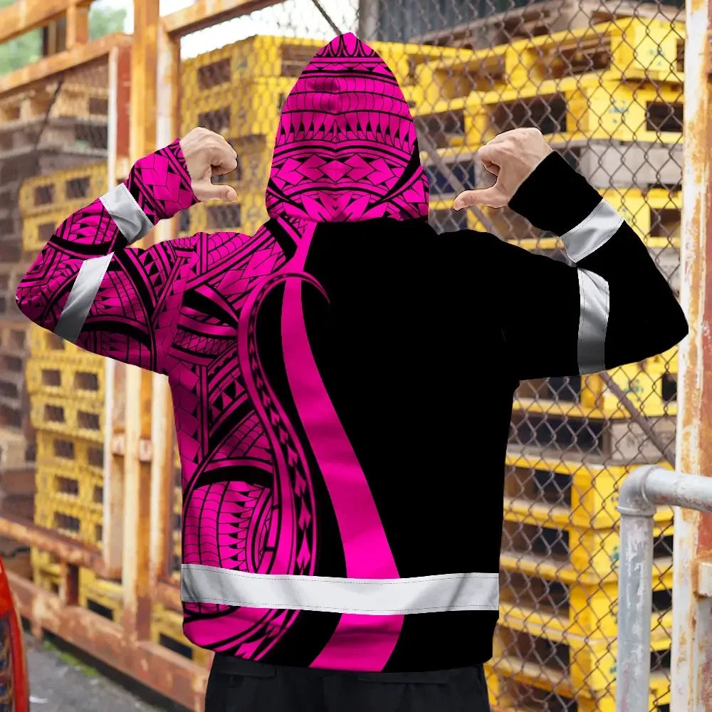 Hi Vis Zip Hoodie Reflective Tapes Pink Neon Hawaii Custom Name Safety Workwear For Workers, Truckers, Operators
