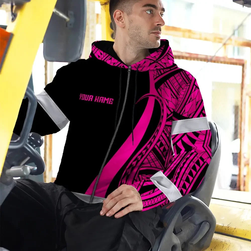 Hi Vis Zip Hoodie Reflective Tapes Pink Neon Hawaii Custom Name Safety Workwear For Workers, Truckers, Operators