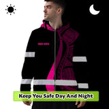 Hi Vis Zip Hoodie Reflective Tapes Pink Neon Hawaii Custom Name Safety Workwear For Workers, Truckers, Operators