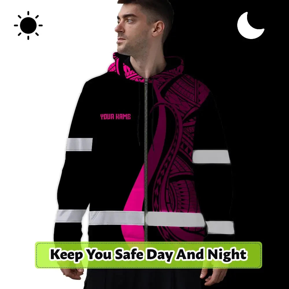 Hi Vis Zip Hoodie Reflective Tapes Pink Neon Hawaii Custom Name Safety Workwear For Workers, Truckers, Operators
