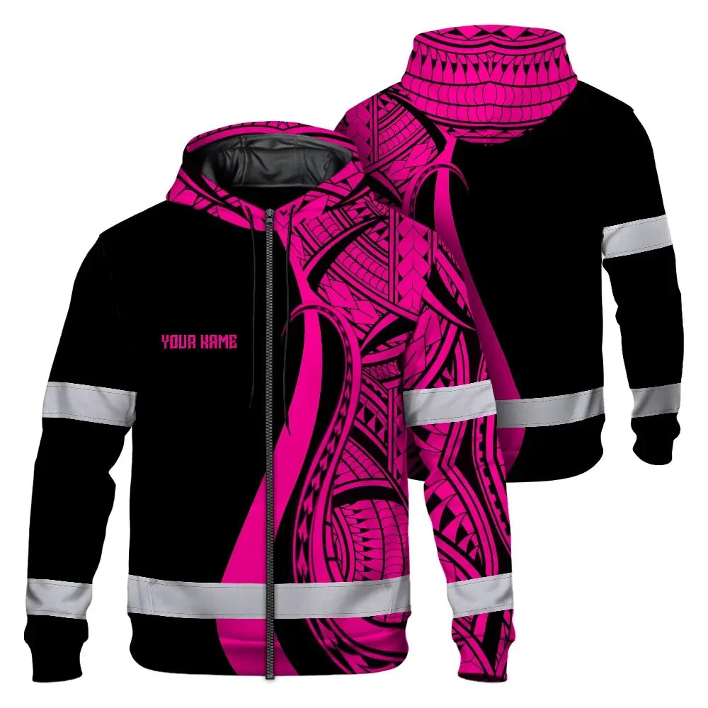 Hi Vis Zip Hoodie Reflective Tapes Pink Neon Hawaii Custom Name Safety Workwear For Workers, Truckers, Operators