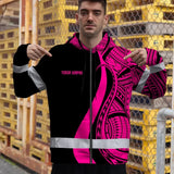 Hi Vis Zip Hoodie Reflective Tapes Pink Neon Hawaii Custom Name Safety Workwear For Workers, Truckers, Operators