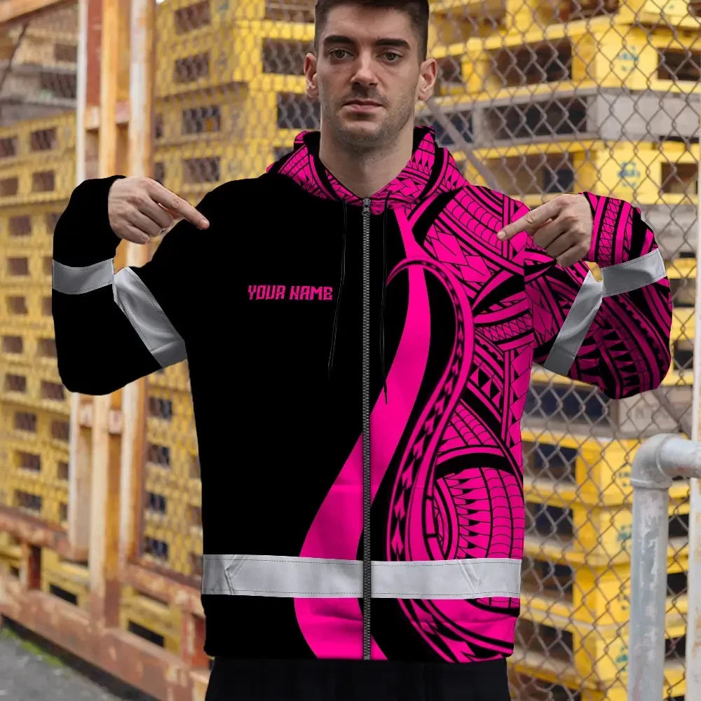 Hi Vis Zip Hoodie Reflective Tapes Pink Neon Hawaii Custom Name Safety Workwear For Workers, Truckers, Operators