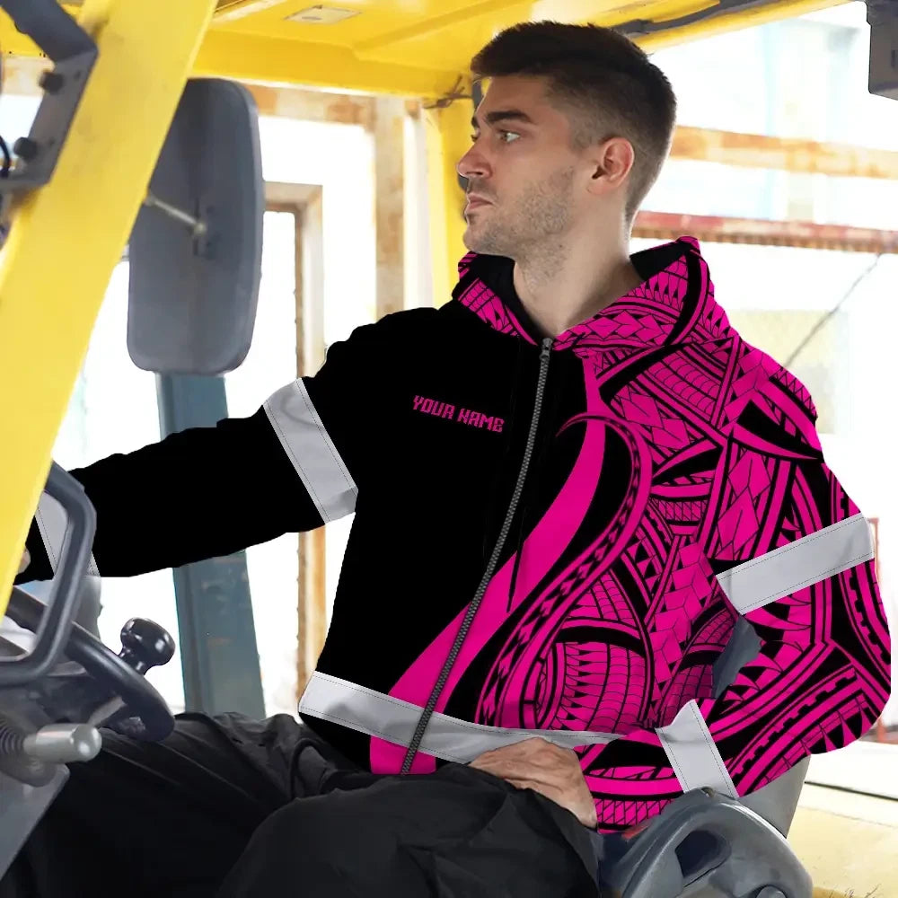 Hi Vis Zip Hoodie Reflective Tapes Pink Neon Hawaii Custom Name Safety Workwear For Workers, Truckers, Operators