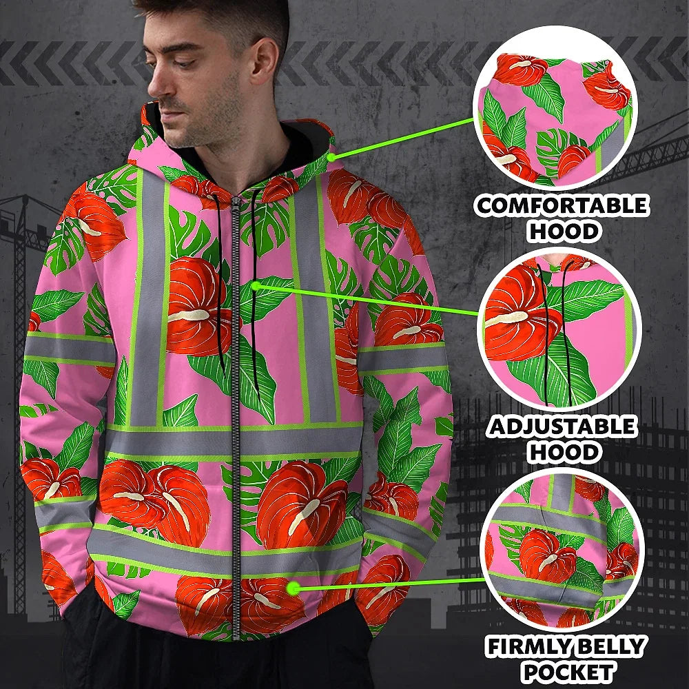 Hi Vis Zip Hoodie Reflective Tapes Pink Neon Red Anthurium Custom Name Safety Workwear For Workers, Truckers, Operators