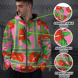Hi Vis Zip Hoodie Reflective Tapes Pink Neon Red Anthurium Custom Name Safety Workwear For Workers, Truckers, Operators