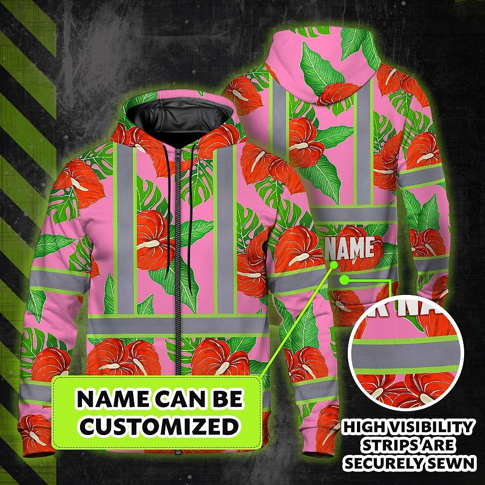Hi Vis Zip Hoodie Reflective Tapes Pink Neon Red Anthurium Custom Name Safety Workwear For Workers, Truckers, Operators