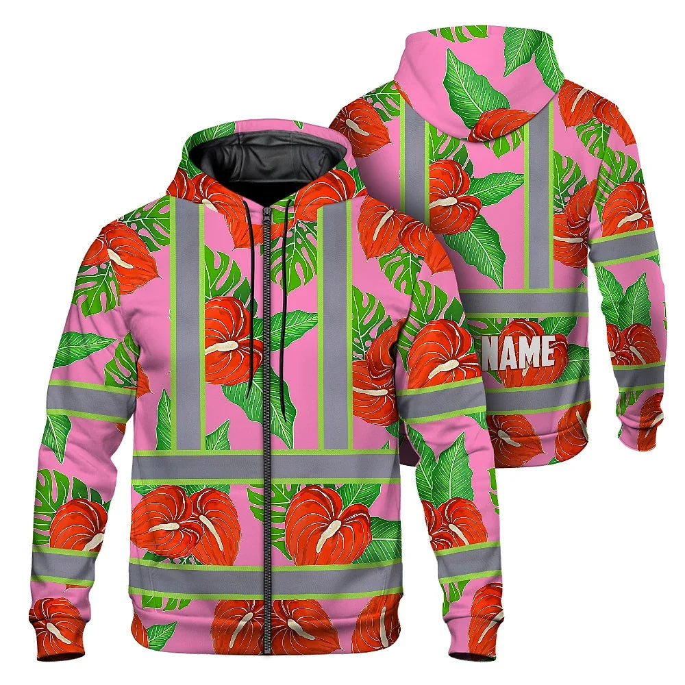 Hi Vis Zip Hoodie Reflective Tapes Pink Neon Red Anthurium Custom Name Safety Workwear For Workers, Truckers, Operators