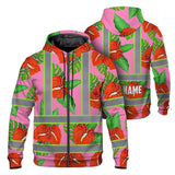 Hi Vis Zip Hoodie Reflective Tapes Pink Neon Red Anthurium Custom Name Safety Workwear For Workers, Truckers, Operators