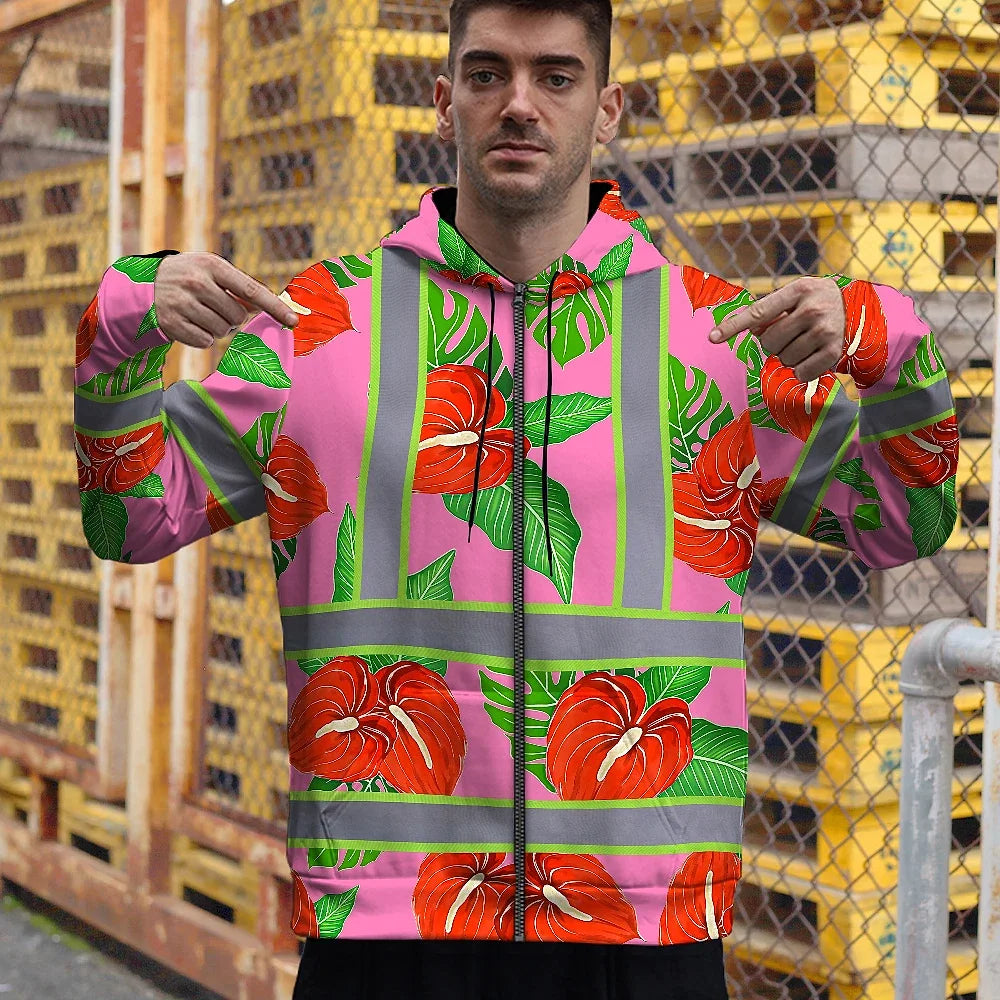 Hi Vis Zip Hoodie Reflective Tapes Pink Neon Red Anthurium Custom Name Safety Workwear For Workers, Truckers, Operators