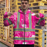 Hi Vis Zip Hoodie Reflective Tapes Pink Neon White Flamingo Custom Name Safety Workwear For Workers, Truckers, Operators