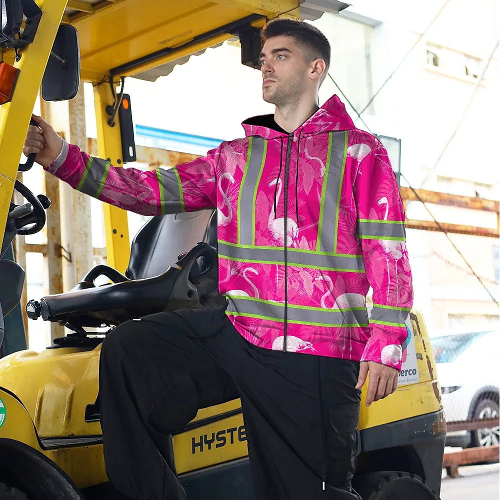 Hi Vis Zip Hoodie Reflective Tapes Pink Neon White Flamingo Custom Name Safety Workwear For Workers, Truckers, Operators