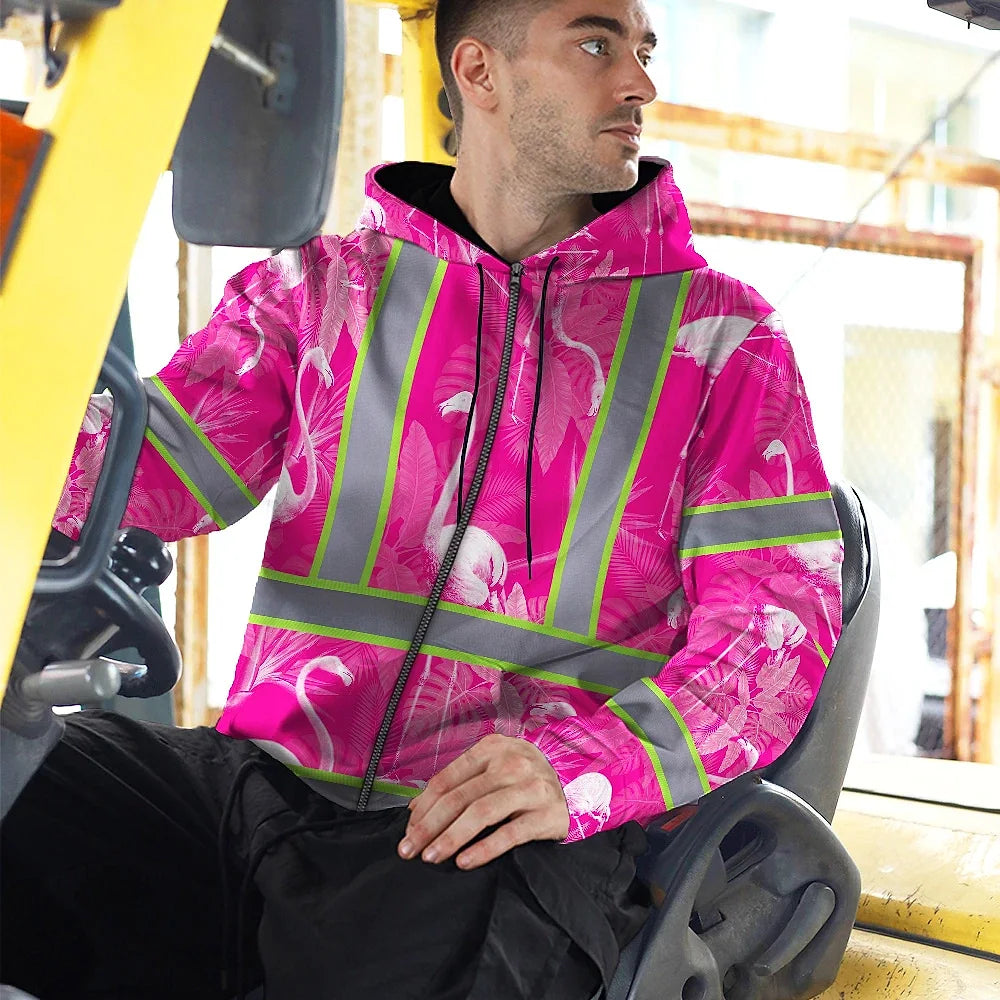 Hi Vis Zip Hoodie Reflective Tapes Pink Neon White Flamingo Custom Name Safety Workwear For Workers, Truckers, Operators