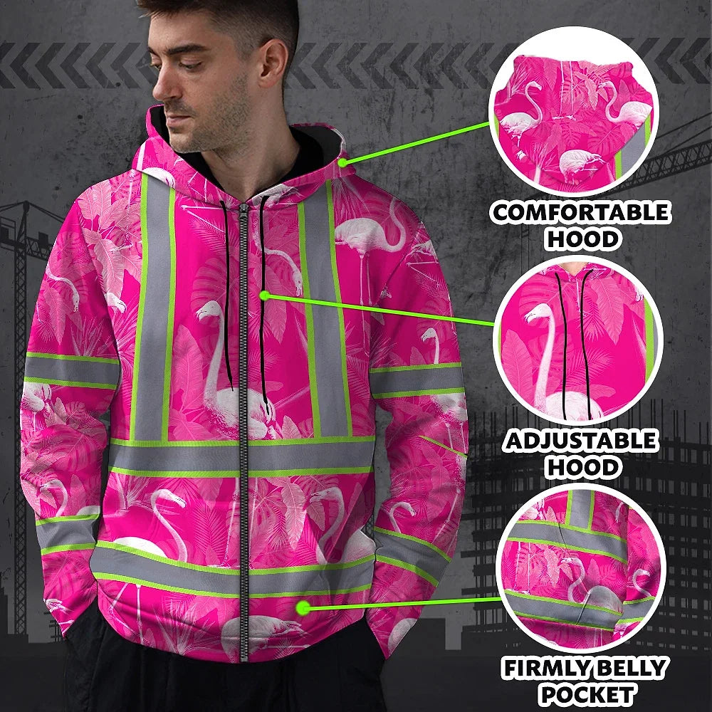 Hi Vis Zip Hoodie Reflective Tapes Pink Neon White Flamingo Custom Name Safety Workwear For Workers, Truckers, Operators