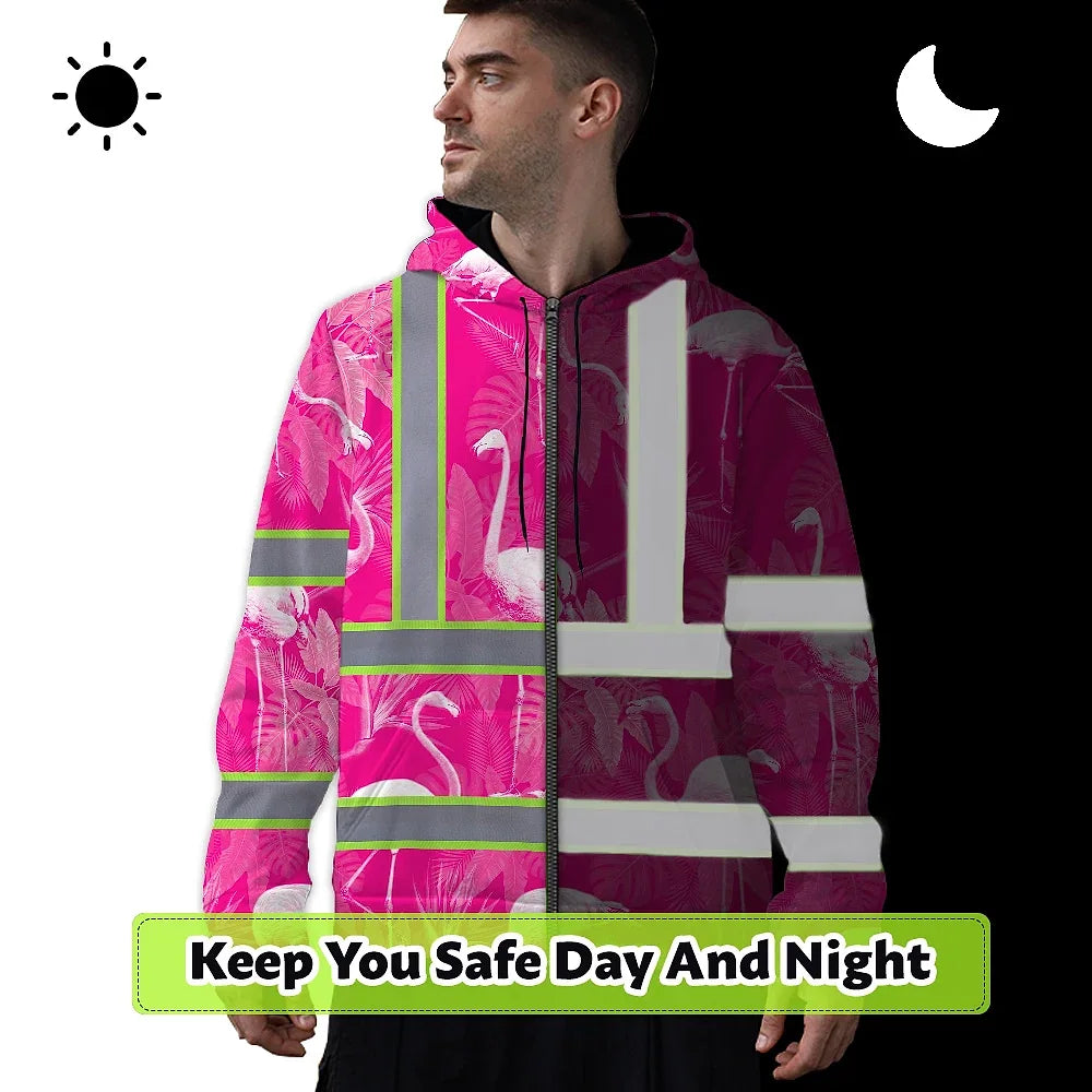 Hi Vis Zip Hoodie Reflective Tapes Pink Neon White Flamingo Custom Name Safety Workwear For Workers, Truckers, Operators