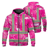 Hi Vis Zip Hoodie Reflective Tapes Pink Neon White Flamingo Custom Name Safety Workwear For Workers, Truckers, Operators