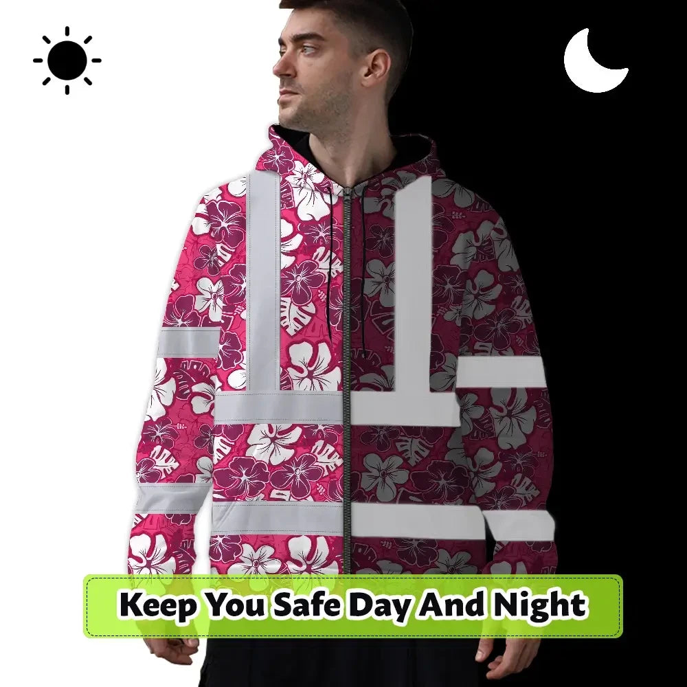 Hi Vis Zip Hoodie Reflective Tapes Pink Violet Flowers Custom Name Safety Workwear For Workers, Truckers, Operators