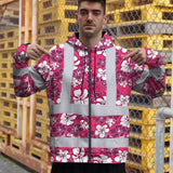 Hi Vis Zip Hoodie Reflective Tapes Pink Violet Flowers Custom Name Safety Workwear For Workers, Truckers, Operators
