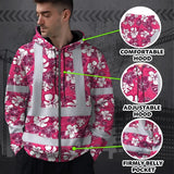 Hi Vis Zip Hoodie Reflective Tapes Pink Violet Flowers Custom Name Safety Workwear For Workers, Truckers, Operators