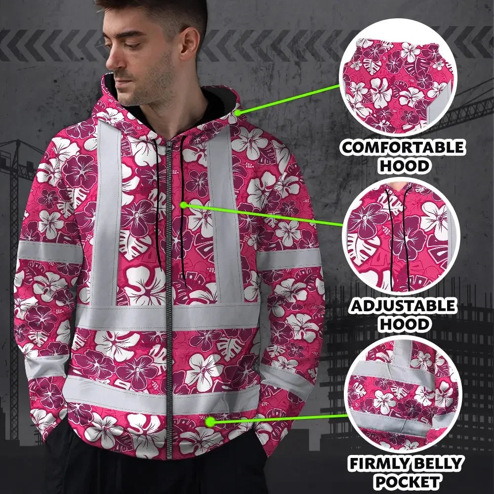 Hi Vis Zip Hoodie Reflective Tapes Pink Violet Flowers Custom Name Safety Workwear For Workers, Truckers, Operators