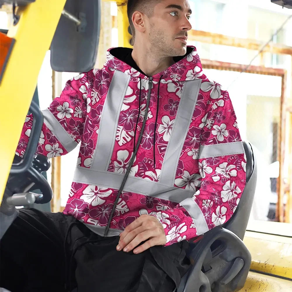 Hi Vis Zip Hoodie Reflective Tapes Pink Violet Flowers Custom Name Safety Workwear For Workers, Truckers, Operators