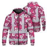 Hi Vis Zip Hoodie Reflective Tapes Pink Violet Flowers Custom Name Safety Workwear For Workers, Truckers, Operators