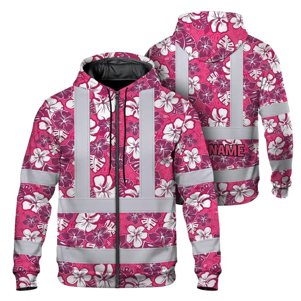 Hi Vis Zip Hoodie Reflective Tapes Pink Violet Flowers Custom Name Safety Workwear For Workers, Truckers, Operators
