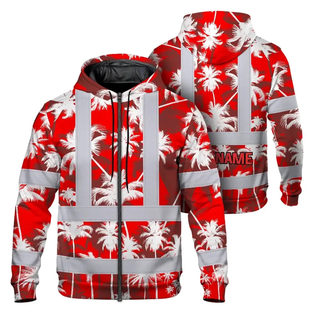 Hi Vis Zip Hoodie Reflective Tapes Red Neon Flowers Custom Name Safety Workwear For Workers, Truckers, Operators