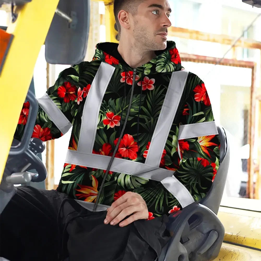 Hi Vis Zip Hoodie Reflective Tapes Red Neon Flowers Custom Name Safety Workwear For Workers, Truckers, Operators