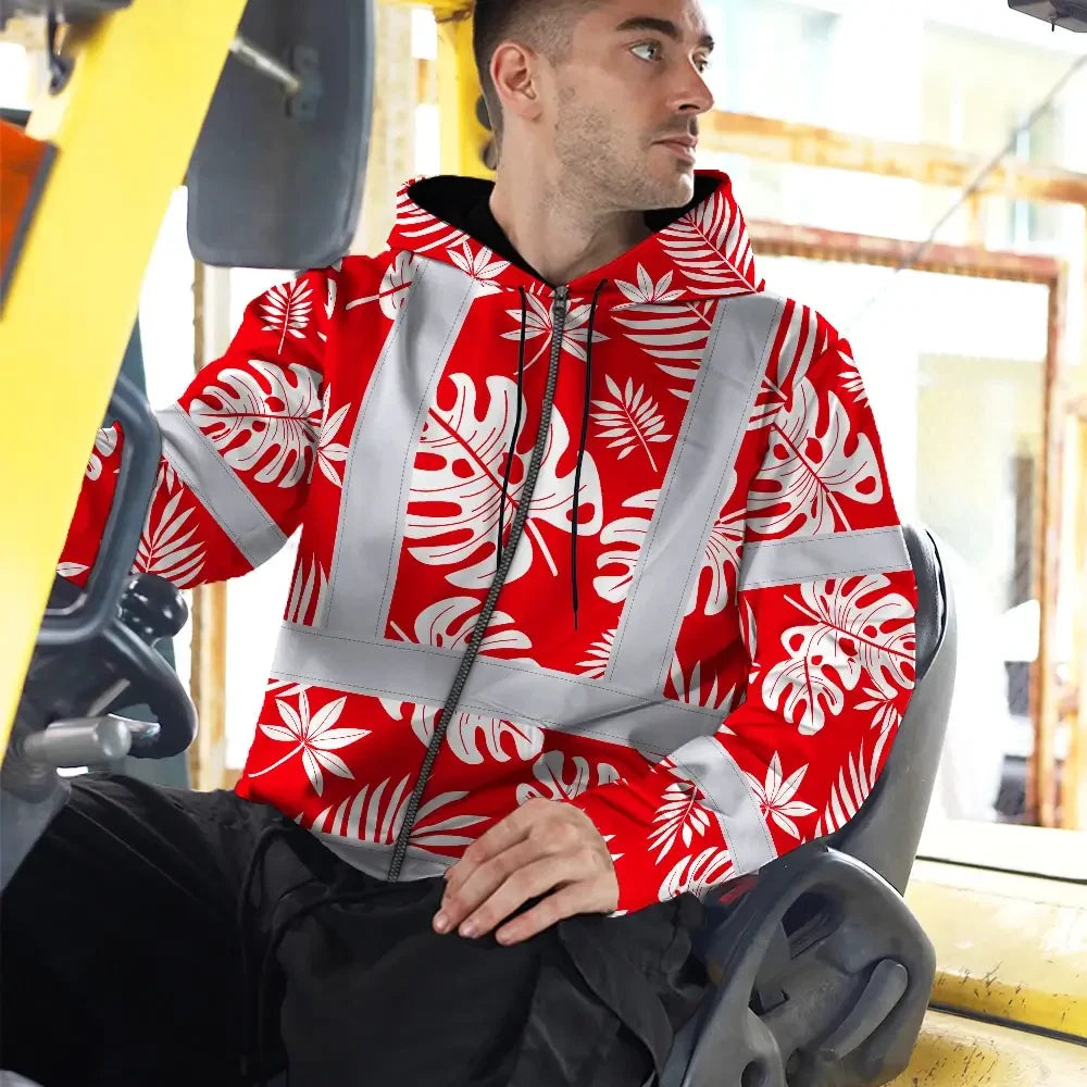 Hi Vis Zip Hoodie Reflective Tapes Red Neon Flowers Custom Name Safety Workwear For Workers, Truckers, Operators