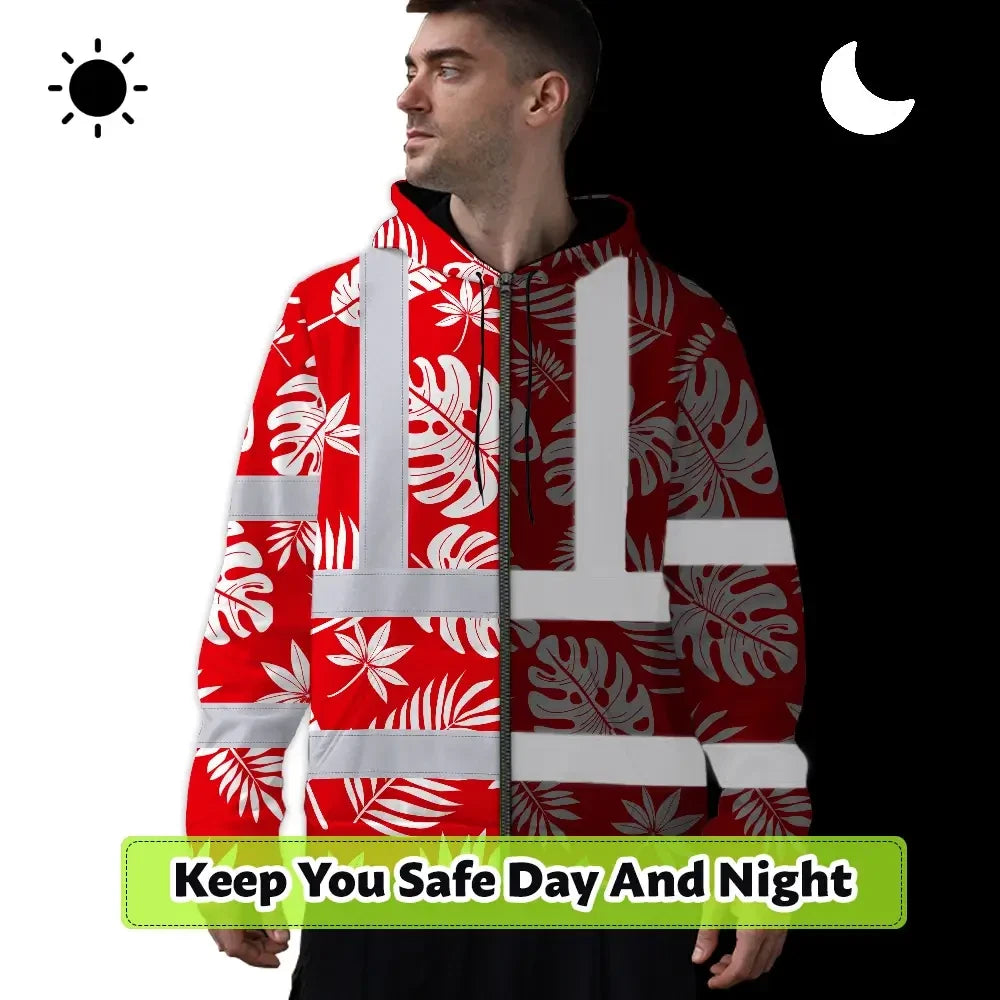 Hi Vis Zip Hoodie Reflective Tapes Red Neon Flowers Custom Name Safety Workwear For Workers, Truckers, Operators