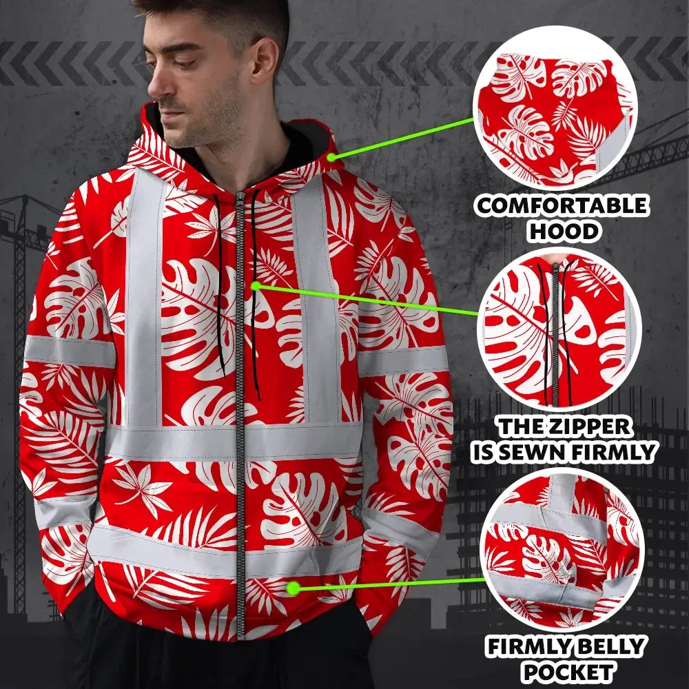 Hi Vis Zip Hoodie Reflective Tapes Red Neon Flowers Custom Name Safety Workwear For Workers, Truckers, Operators