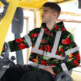 Hi Vis Zip Hoodie Reflective Tapes Red Neon Flowers Custom Name Safety Workwear For Workers, Truckers, Operators