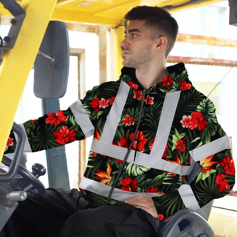 Hi Vis Zip Hoodie Reflective Tapes Red Neon Flowers Custom Name Safety Workwear For Workers, Truckers, Operators