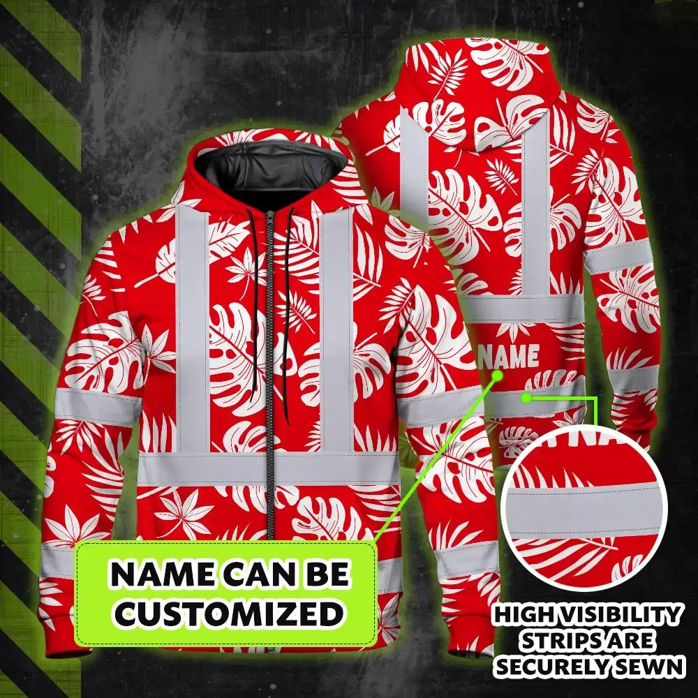 Hi Vis Zip Hoodie Reflective Tapes Red Neon Flowers Custom Name Safety Workwear For Workers, Truckers, Operators