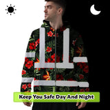 Hi Vis Zip Hoodie Reflective Tapes Red Neon Flowers Custom Name Safety Workwear For Workers, Truckers, Operators