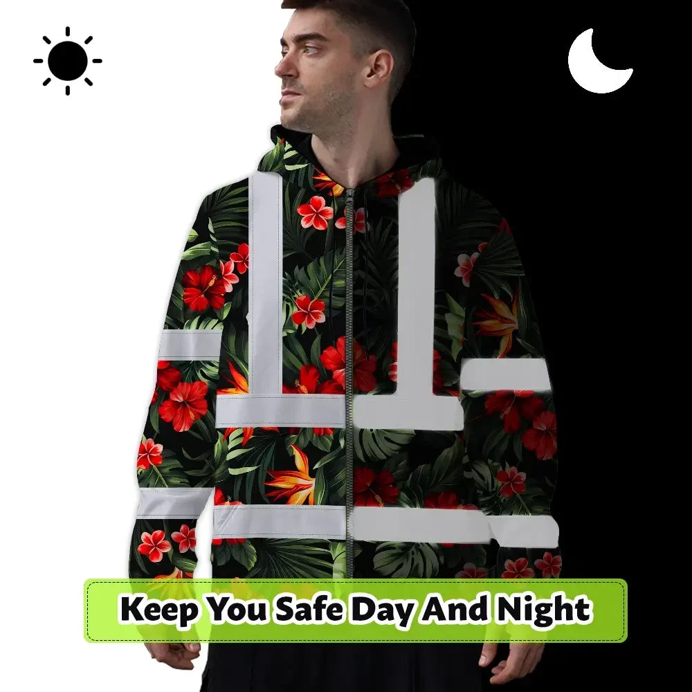 Hi Vis Zip Hoodie Reflective Tapes Red Neon Flowers Custom Name Safety Workwear For Workers, Truckers, Operators