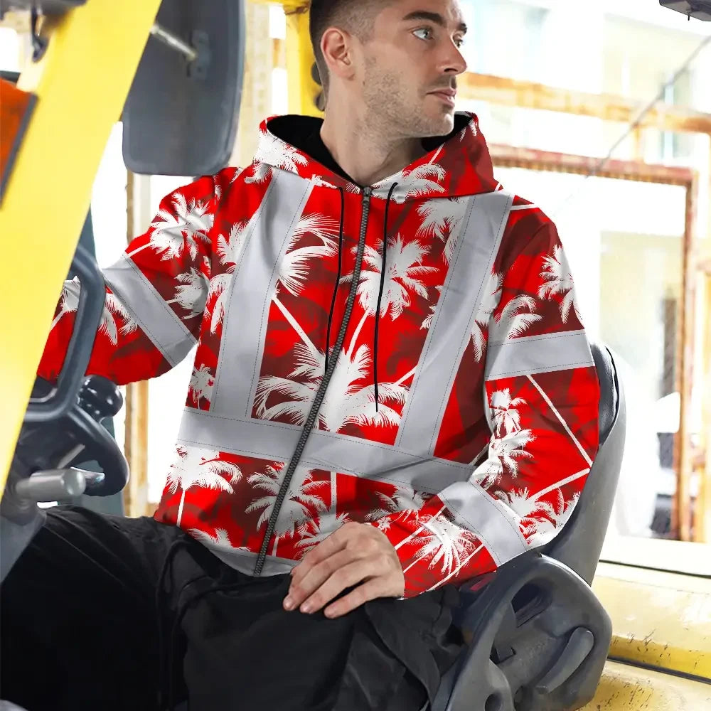 Hi Vis Zip Hoodie Reflective Tapes Red Neon Flowers Custom Name Safety Workwear For Workers, Truckers, Operators