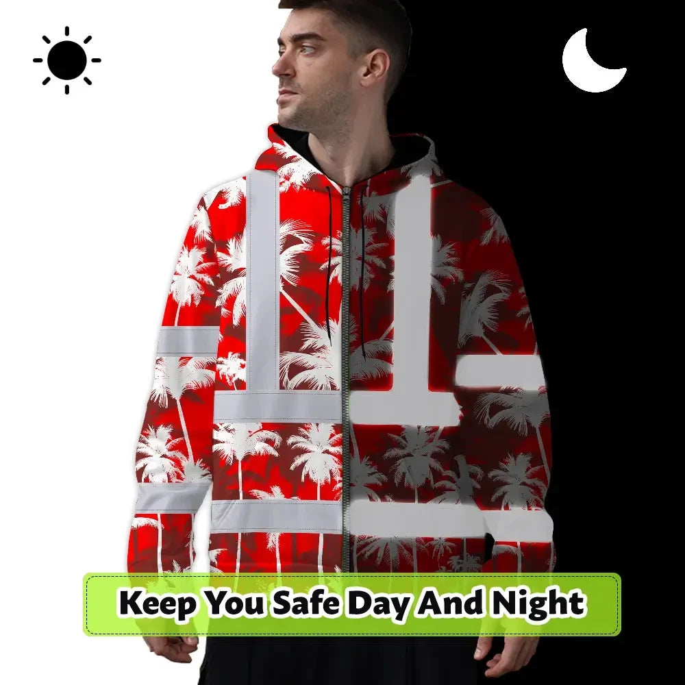 Hi Vis Zip Hoodie Reflective Tapes Red Neon Flowers Custom Name Safety Workwear For Workers, Truckers, Operators