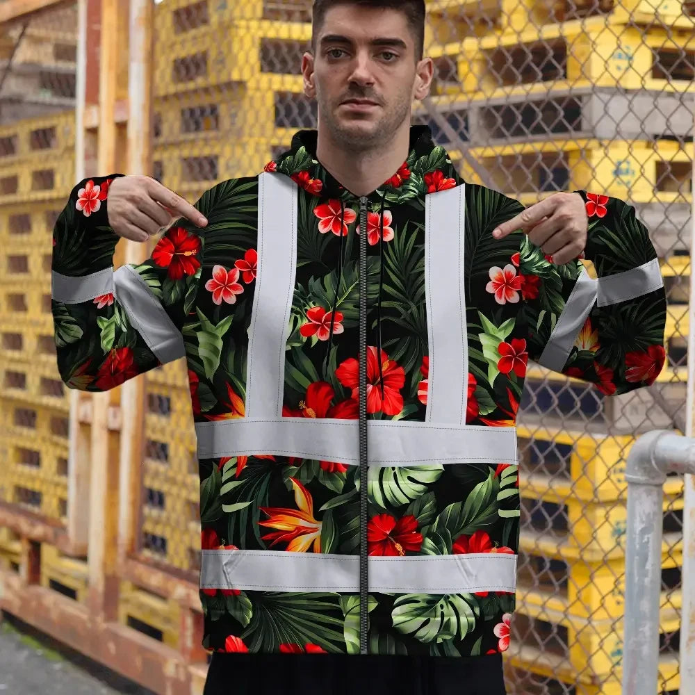Hi Vis Zip Hoodie Reflective Tapes Red Neon Flowers Custom Name Safety Workwear For Workers, Truckers, Operators