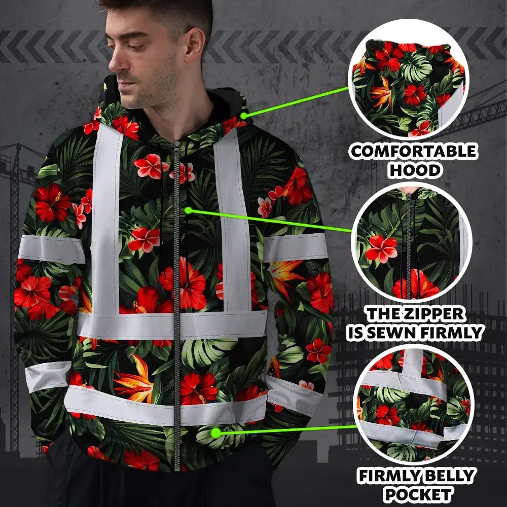 Hi Vis Zip Hoodie Reflective Tapes Red Neon Flowers Custom Name Safety Workwear For Workers, Truckers, Operators