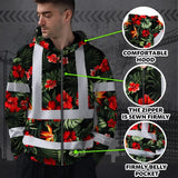 Hi Vis Zip Hoodie Reflective Tapes Red Neon Flowers Custom Name Safety Workwear For Workers, Truckers, Operators