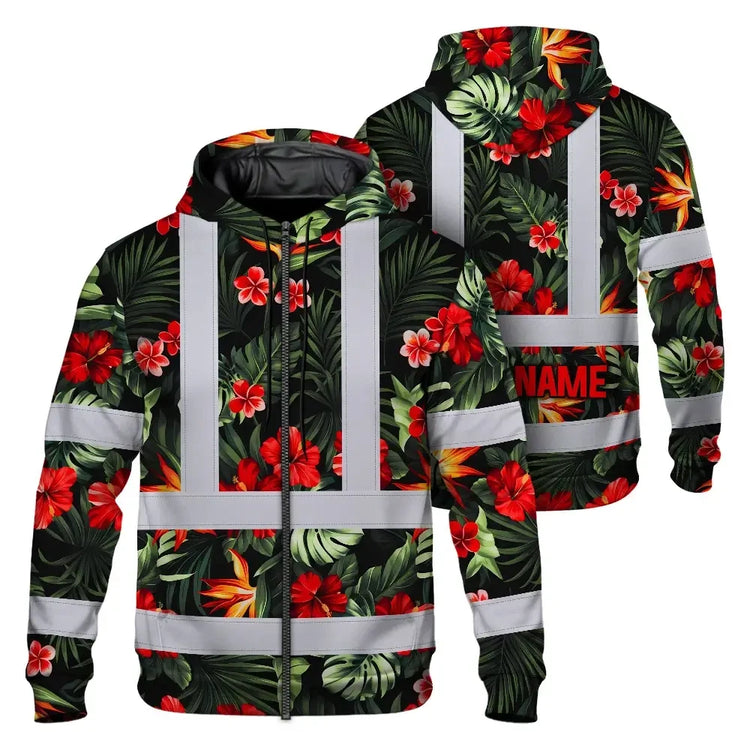 Red Neon Flowers Hi-Vis Zip Hoodie
