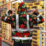 Hi Vis Zip Hoodie Reflective Tapes Red Neon Flowers Custom Name Safety Workwear For Workers, Truckers, Operators