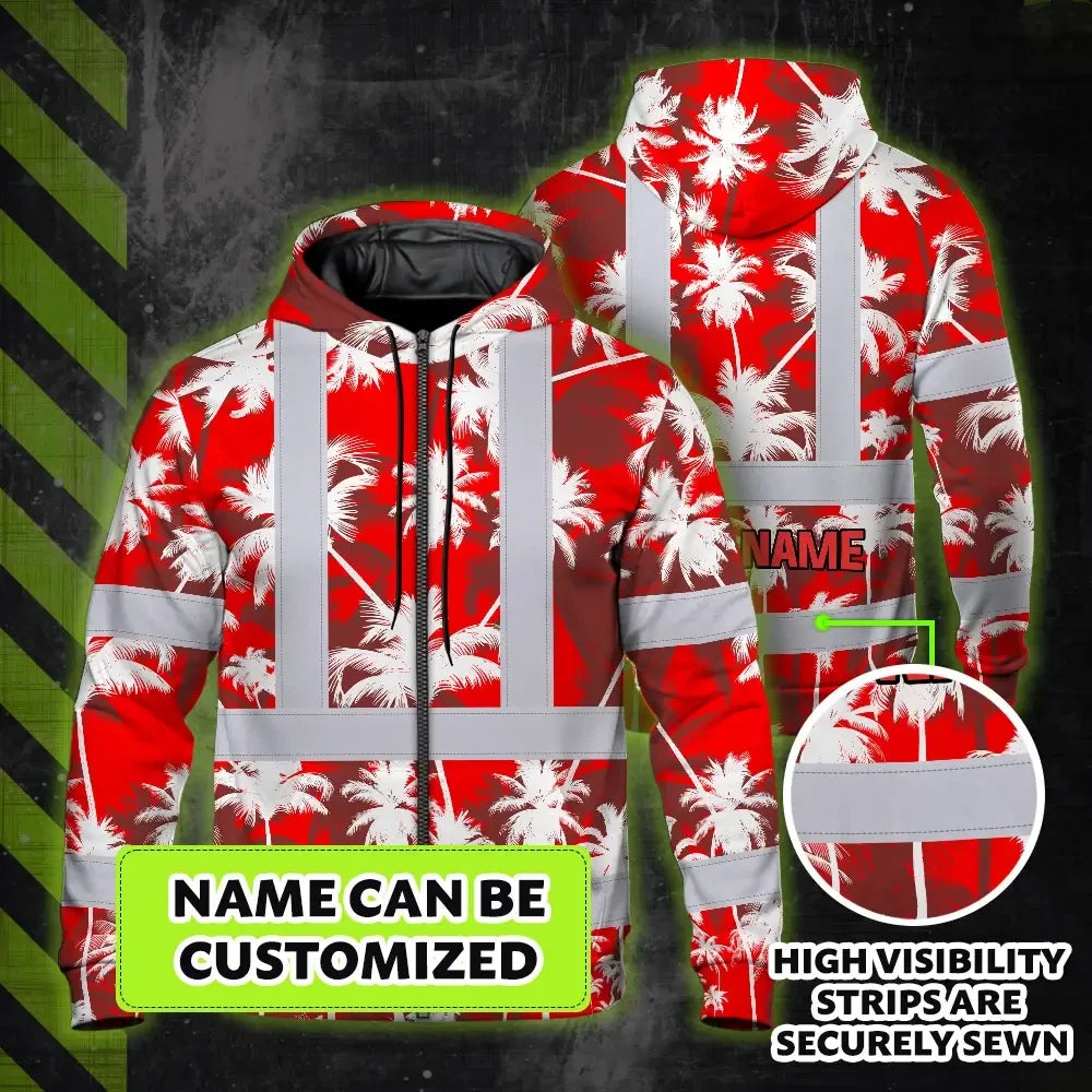 Hi Vis Zip Hoodie Reflective Tapes Red Neon Flowers Custom Name Safety Workwear For Workers, Truckers, Operators