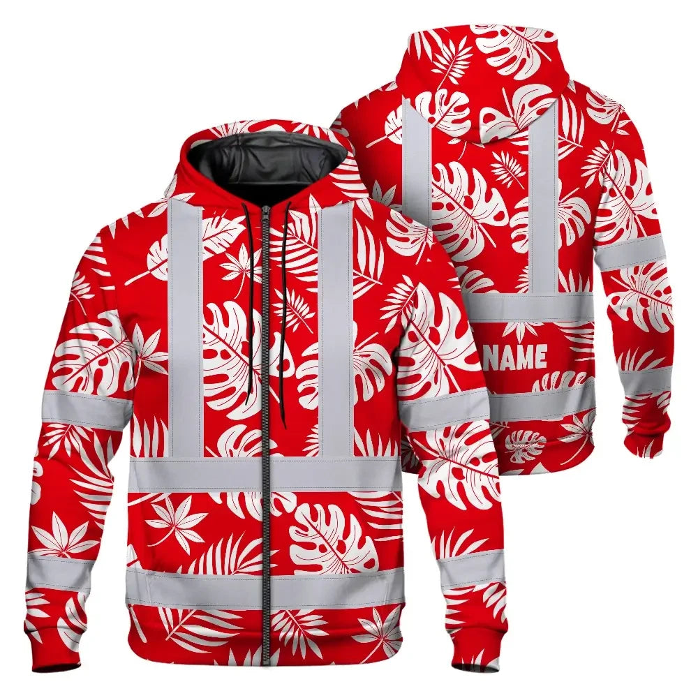 Hi Vis Zip Hoodie Reflective Tapes Red Neon Flowers Custom Name Safety Workwear For Workers, Truckers, Operators