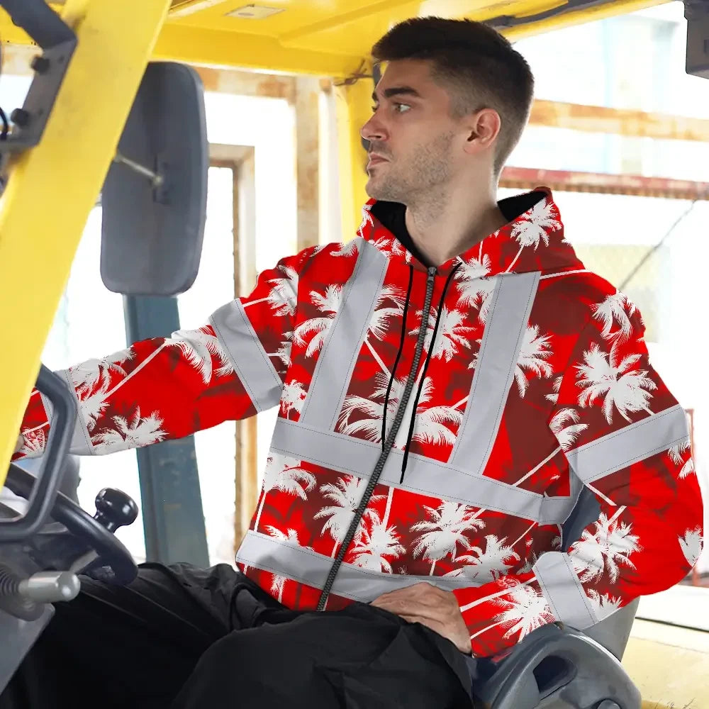 Hi Vis Zip Hoodie Reflective Tapes Red Neon Flowers Custom Name Safety Workwear For Workers, Truckers, Operators