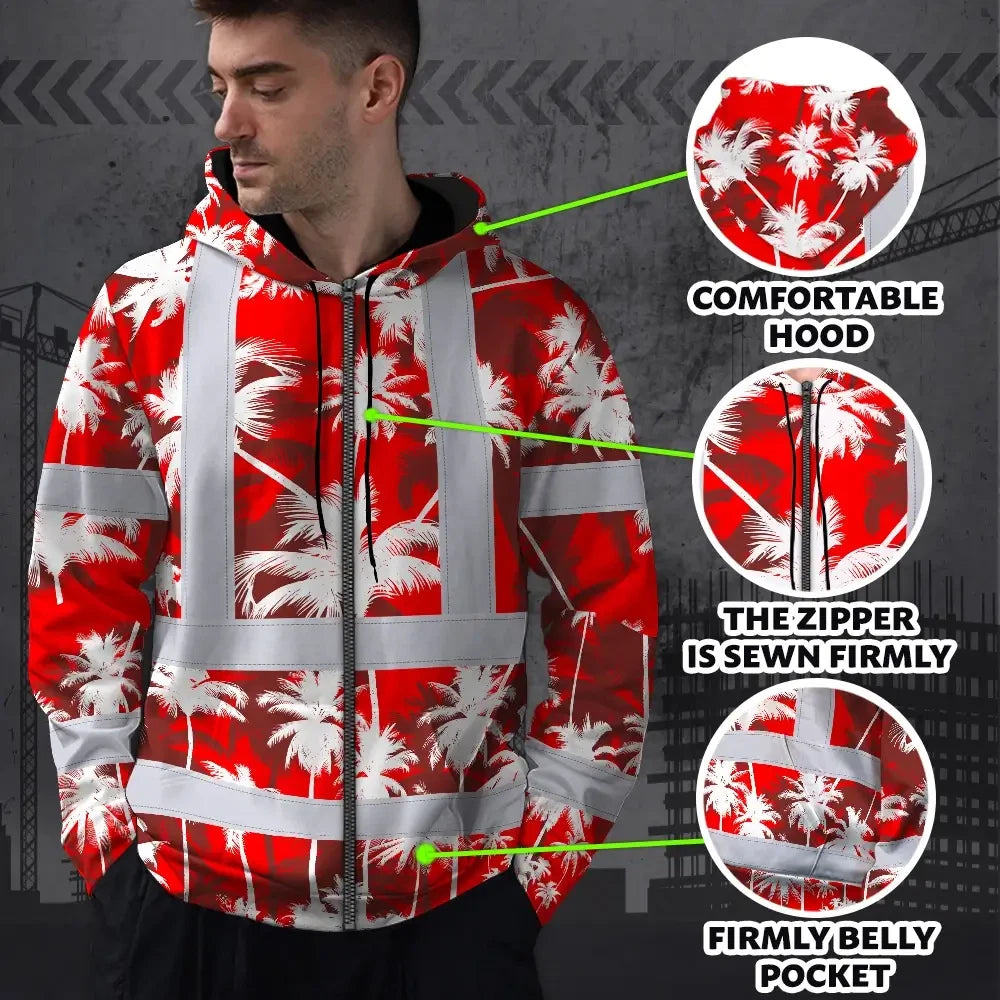 Hi Vis Zip Hoodie Reflective Tapes Red Neon Flowers Custom Name Safety Workwear For Workers, Truckers, Operators