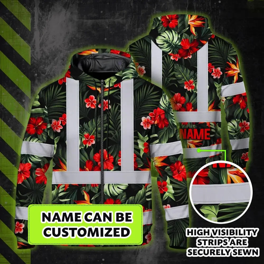 Hi Vis Zip Hoodie Reflective Tapes Red Neon Flowers Custom Name Safety Workwear For Workers, Truckers, Operators